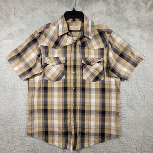 Bit & Bridle Western Pearl Snap Shirt Mens Large Tan Plaid Short Sleeve Cowboy